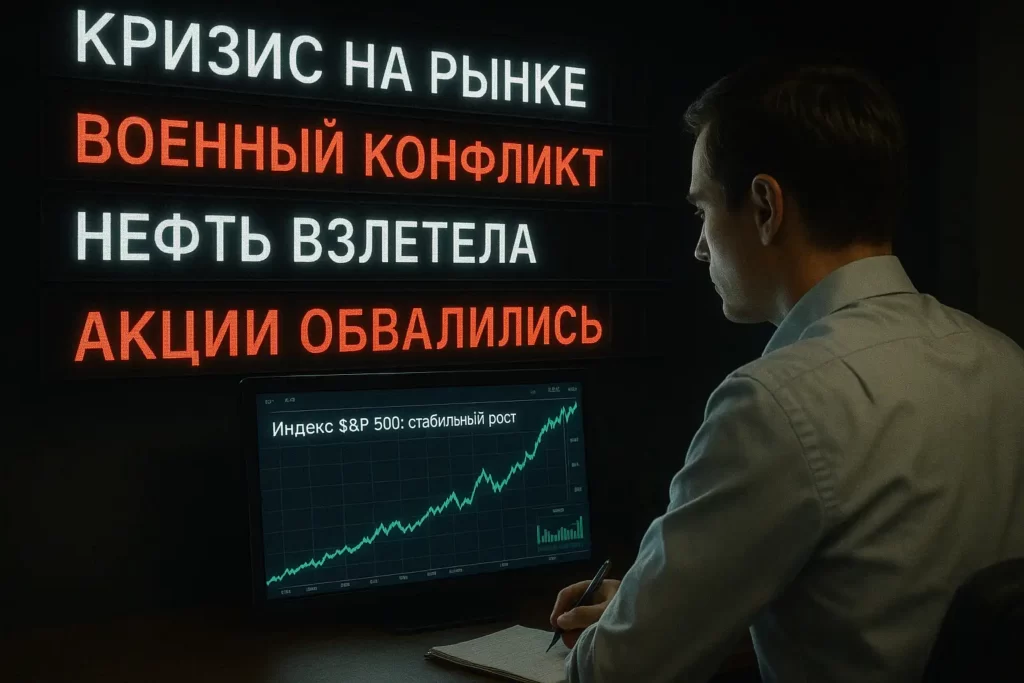 Финансовый аналитик изучает растущий график индекса S&P 500 на экране, игнорируя бегущую строку с тревожными заголовками: «КРИЗИС НА РЫНКЕ», «ВОЕННЫЙ КОНФЛИКТ», «НЕФТЬ ВЗЛЕТЕЛА», «АКЦИИ ОБВАЛИЛИСЬ».
