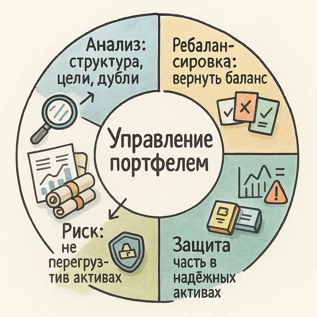 круговая схема управления портфелем: анализ, ребалансировка, замена, оценка рисков и защитные меры — каждый этап с иконкой и кратким описанием.