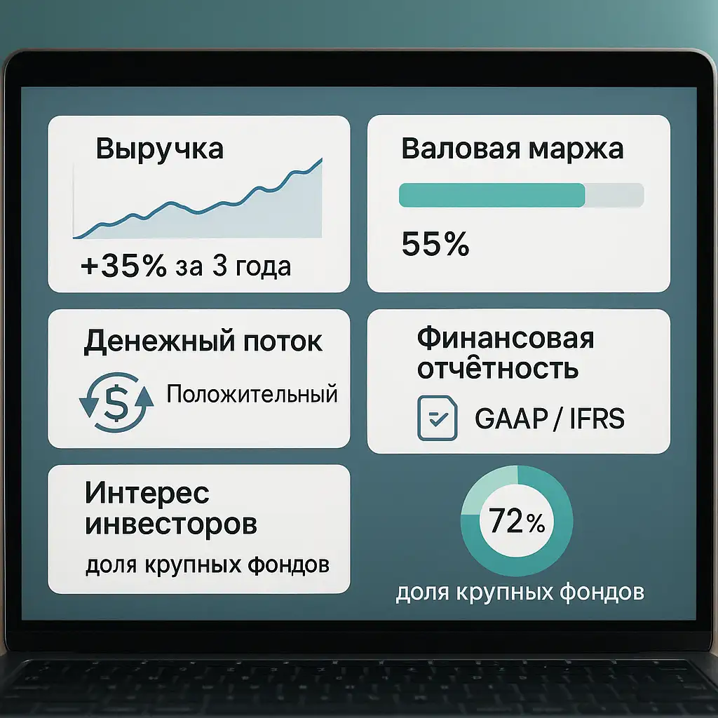 Экран ноутбука с дашбордом на русском языке: выручка +35% за 3 года, валовая маржа 55%, денежный поток положительный, отчётность GAAP / IFRS, доля крупных фондов 72%.