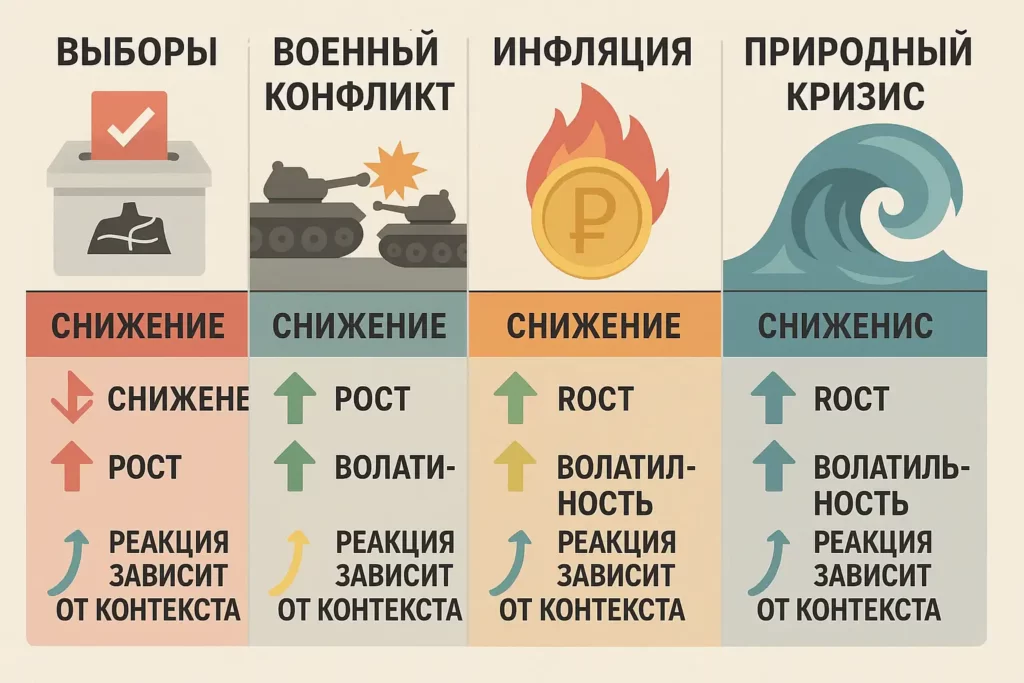 Инфографика с четырьмя событиями: выборы, военный конфликт, инфляция, природный кризис.