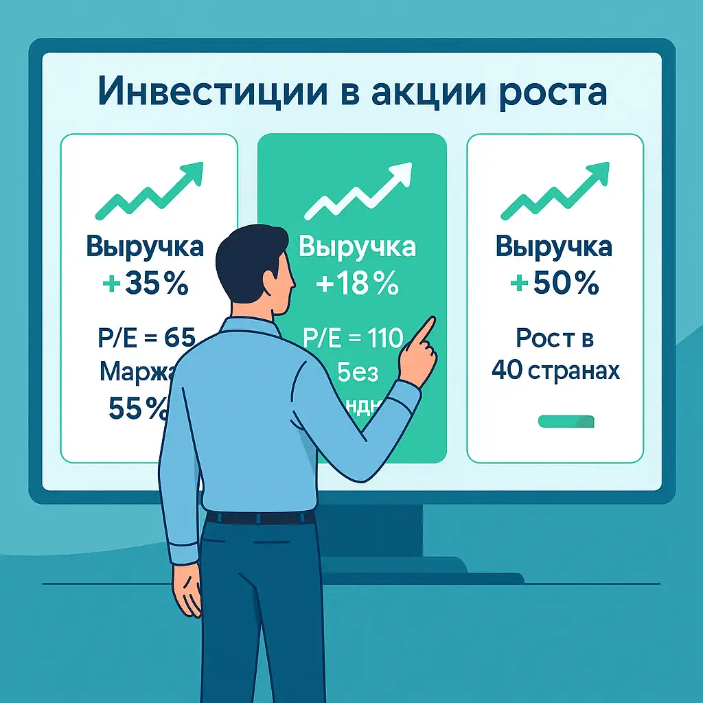 Мужчина стоит перед экраном с тремя карточками акций: выручка +35%, P/E = 65, маржа 55%; выручка +18%, P/E = 110, без дивидендов; выручка +50%, рост в 40 странах. Указывает на центральную карточку.