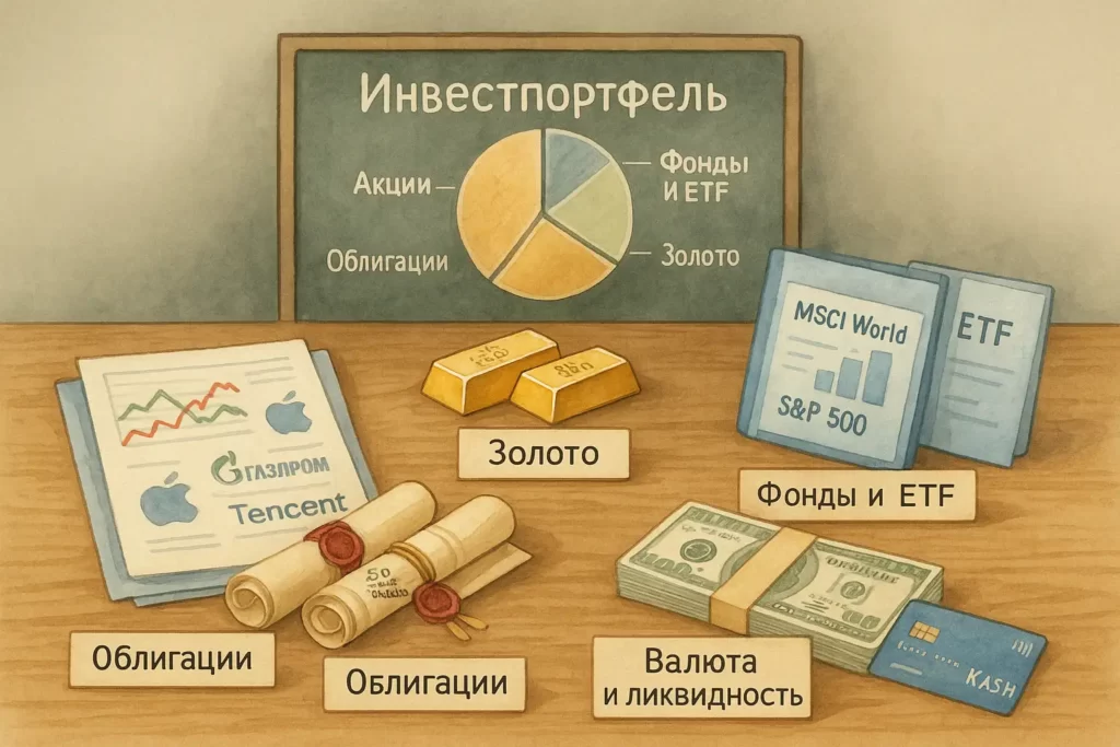 стол с инвестиционными активами: акции, облигации, золото, фонды и наличные — каждый элемент подписан, на заднем плане — доска с диаграммой портфеля.