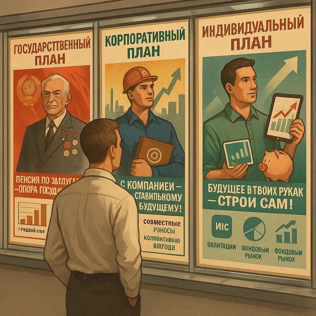 Мужчина рассматривает три советских плаката о пенсионных планах: «Государственный» с пожилым ветераном, «Корпоративный» с рабочим и «Индивидуальный» с мужчиной с планшетом и копилкой; каждый с лозунгом и символами.